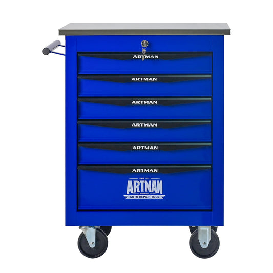 POVANLI 6 Drawer Portable Tool Cart with Stainless Steel Roof, Key Locking and 4 Steering Wheels (2 with Parking Brakes), Steel Tool Box, 200lbs Load for Garage, Workshop and Repair Shops (Blue)