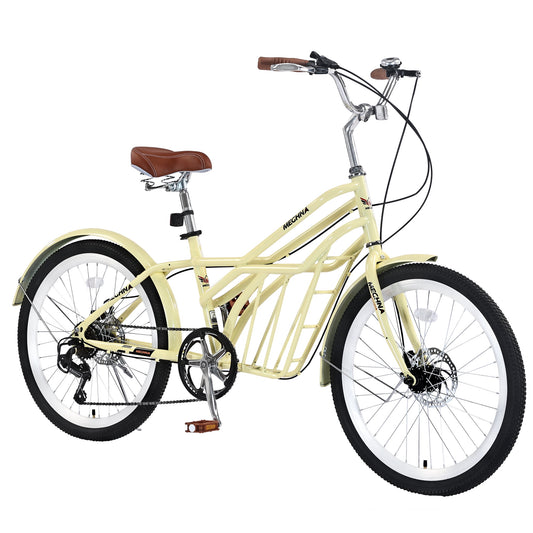 24 inch Bicycle for 10+yr or 5'0"-5'7" Adult with Cargo Space(small pets, items), 6-Speed Gears, Disc Brakes & Durable Lightweight Steel Frame, City Commuter Bike, 85% assembled for Gift (Yellow)