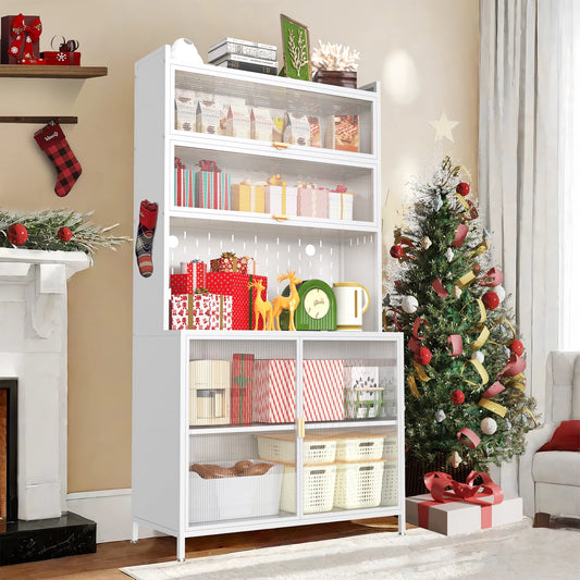 GAKMCIL Metal Kitchen Pantry Cabinet (31.50*16.53*73.00"), Food Storage Organizer Hutch with 6-Tier Flip Doors, Pegboard, Adjustable Shelf, 300lbs Load for Kitchen, Dining Room, Living Room (White)