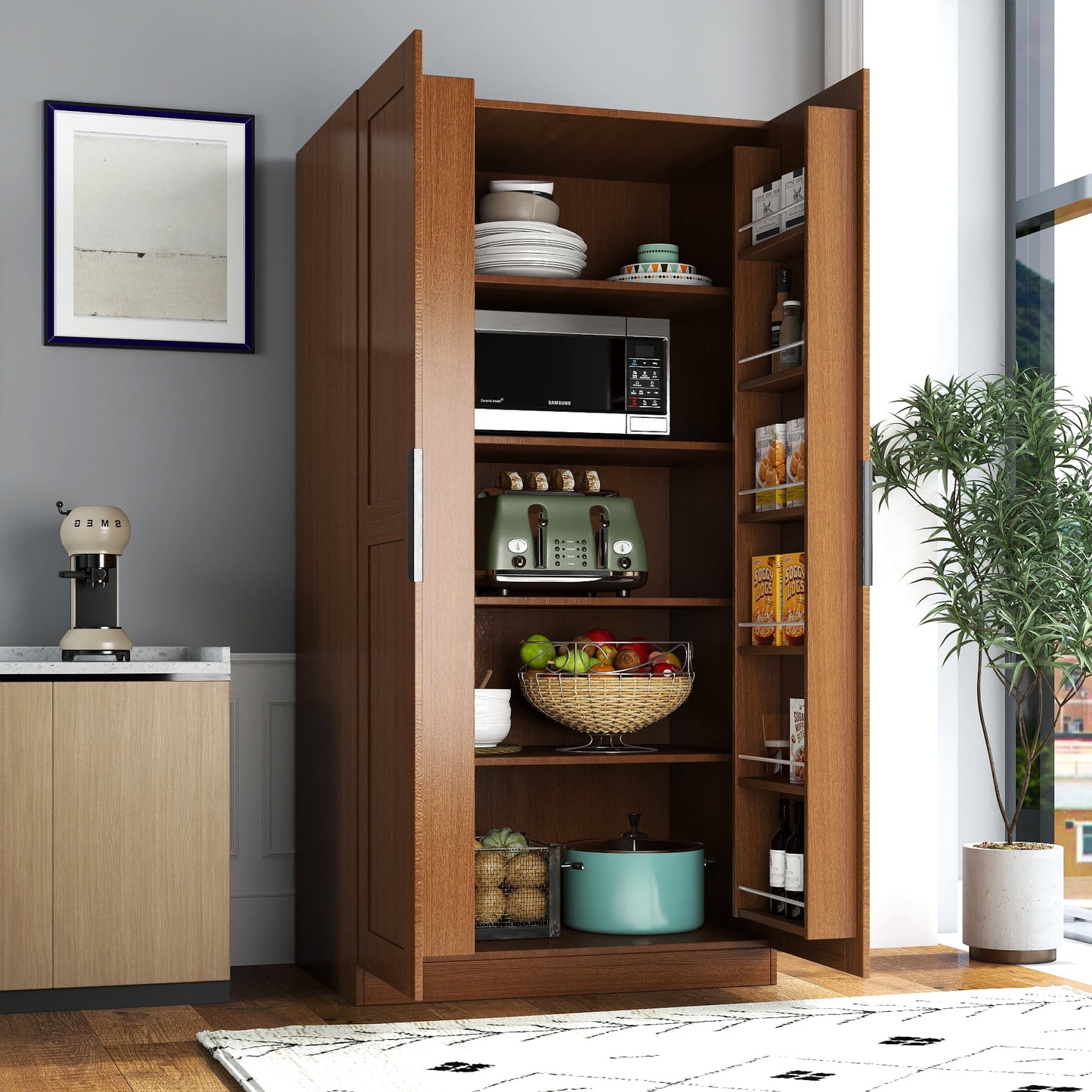 GAKMCIL 31.5"x21.65"x62.99" Kitchen Pantry Cabinet, Freestanding Sideboard with Doors & two 6-level shelves & one 5-level compartment, Multi Level Storage for Kitchen, Living Room, Dining Room,Walnut