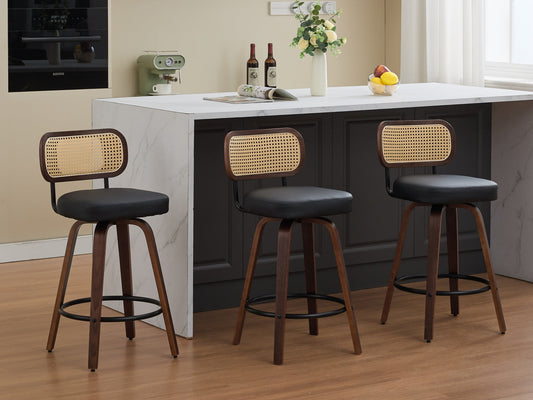 GAKMCIL PU Leather Upholstered Swivel Counter Height Bar Stools (Set of 3) with Cane Back, Bentwood Legs, Metal Footstool, Weight Capacity 350lbs for Kitchen, Dining Room, Pub, Cafe (Black)