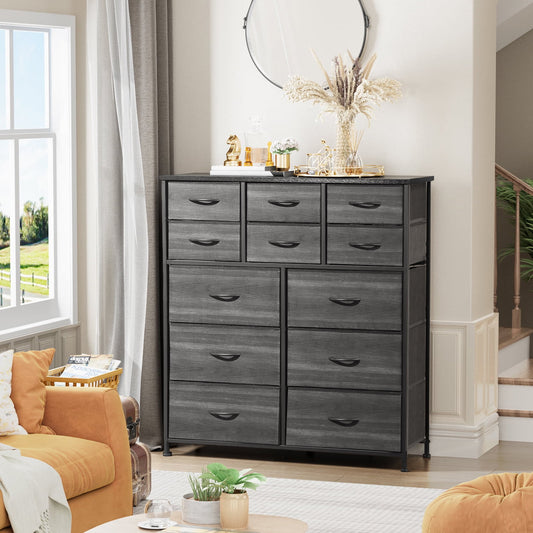 POWANLI 12 Drawer Dresser Chest of Drawers for Bedroom Fabric Drawer for Kids and Adult Steel Frame and Wooden Top Black Grey