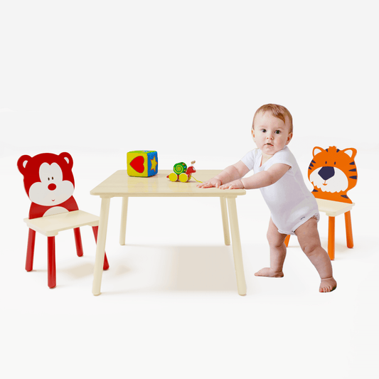 GAKMCIL Kids Table and 2 Chair Set, 3 Piece Toddler Table, Wooden Activity Play Table Set, Animal Chair Set(Bear&Tiger) For 2-8 child Reading, Drawing, Eating, Study, Arts, Crafts & Snack Time.