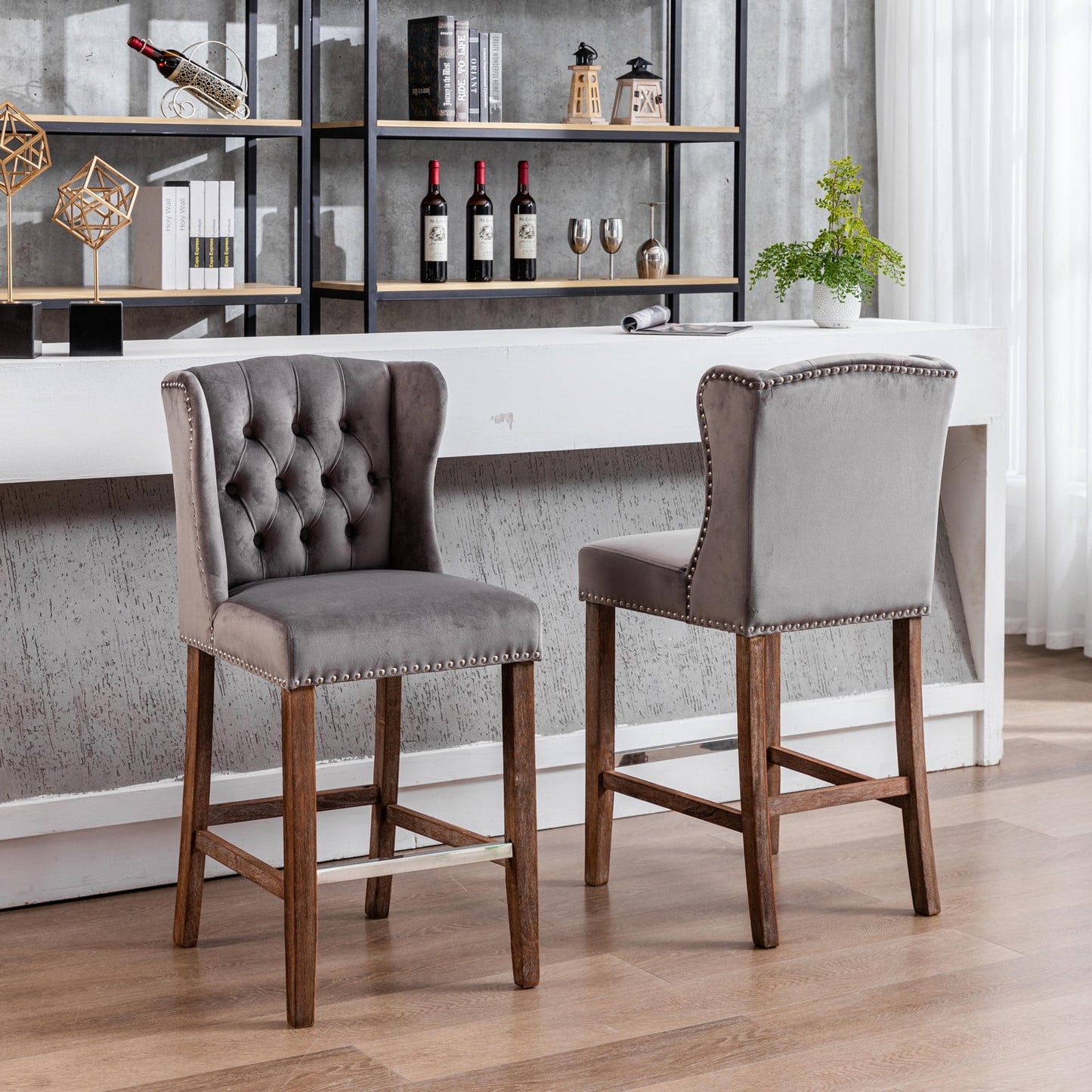 GAKMCIL 27" Velvet Upholstered Barstools, Wingback Counter Height Bar Chairs, with Nailhead Trim, Button Tufted, Wood Legs, 300lb Load for Home Pub, Kitchen Island, Cafe, Restaurant (Set of 2, Gray)