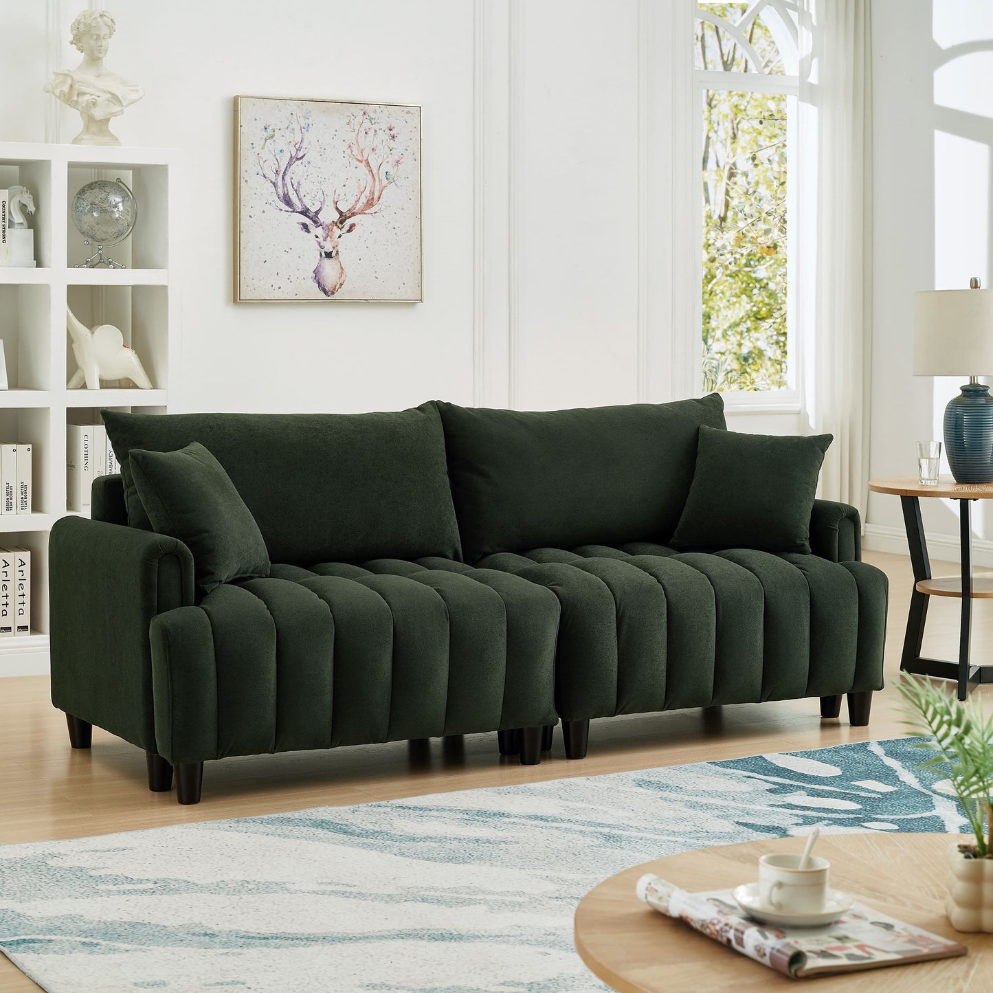 GAKMCIL 83" Polyester Futon Sofa Bed, Comfy Convertible Couch Bed, Multi-Function Sofa with Adjustable Backrest, 2 Pillows, 2 Hidden Storage, 700lbs Load for Living Room, Guest Room (Dark Green)