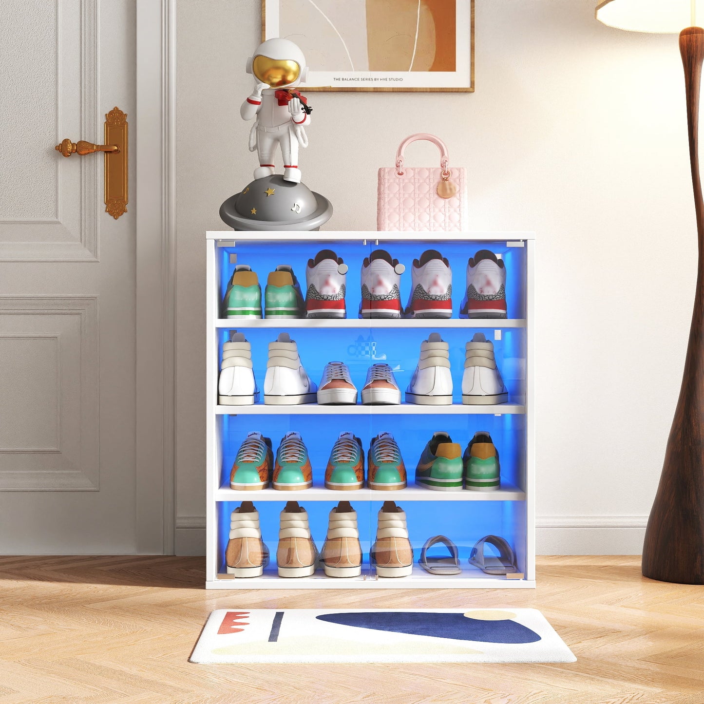 GAKMCIL 4-Tier Shoe Cabinets/Shoe Storage/Shoe Box with 12 colours LED Light & Glass Door, Shoe Organizer Storage Box for Up to 12 Pairs of Shoes,Bin for Display Sneakers(23.62"*14.96"*25.59")(White)