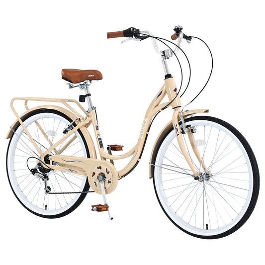 POWANLI 24" Girl Bike with 7 Speed Adjustment,Steel Frame Ladies Bicycle for 10+Years Old Beige