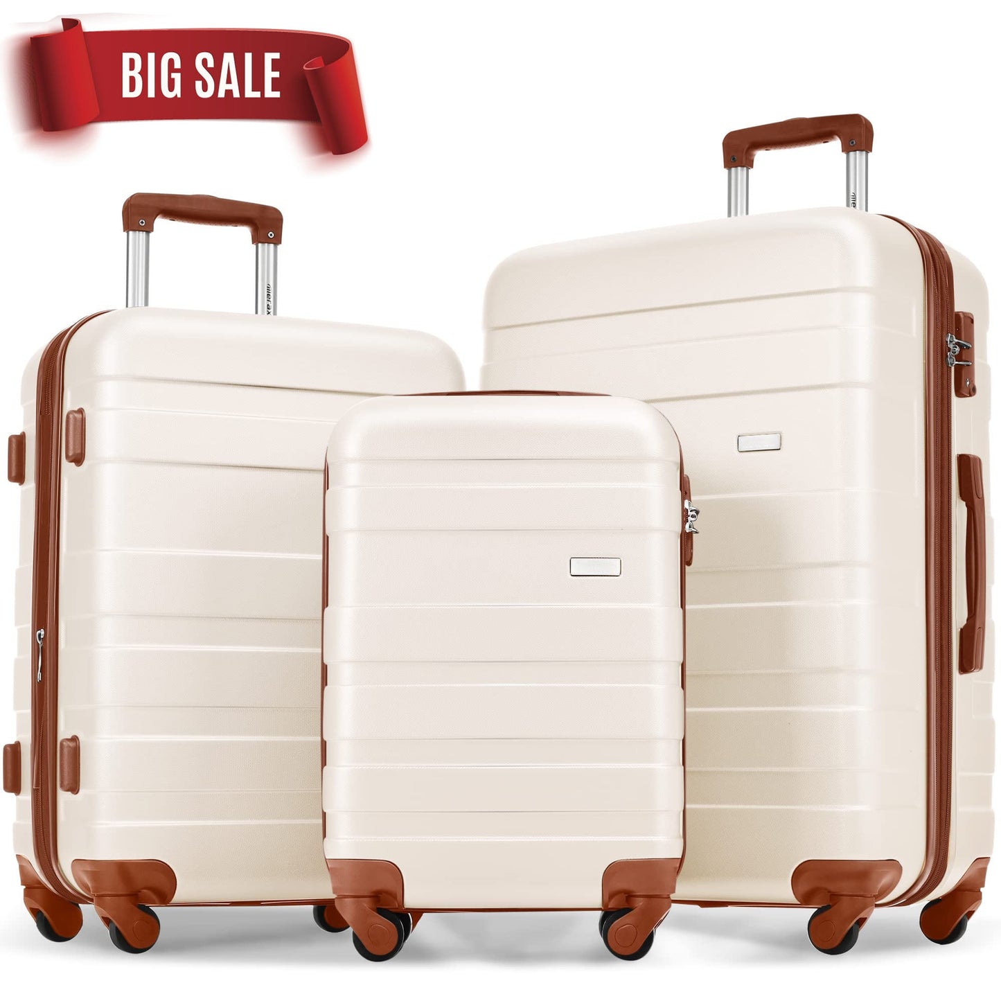 POWANLI - Luggage 3 Piece Set,Suitcase Set with Tsa Lock and Spinner Wheels,Hardside ABS Lightweight Luggage Set 20in24in28in.(Ivory And Brown)