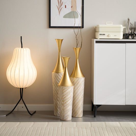 GAKMCIL Floor Metal Vases Modern Style Decoration Woven Pattern Vases Gorgeous Home Decoration Large Glazed Metal Vases for Home Living and Office (Set of 3, 27.56/31.5/35.43in height) (Champagne)