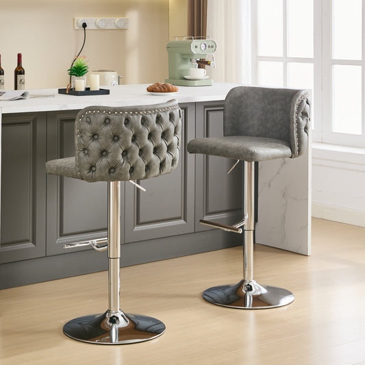 GAKMCIL Modern PU Upholstered Swivel Bar Stools with Adjustable Counter Seat Height, Footrest, Silver Metal Chrome Base, Rivets Trim, 300lbs Load for Home Pub, Kitchen Island (Set of 2, Gray)
