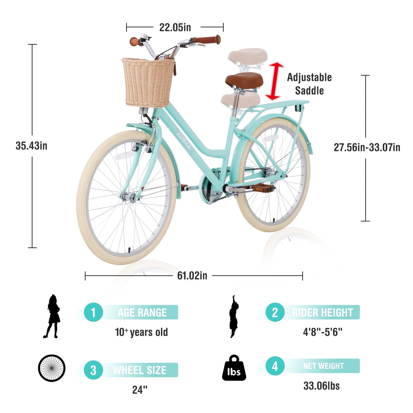 POVANLI 24" Girl Bike for 10+Years Old, Steel Frame Bike,Girls Bike with Basket Mint Green