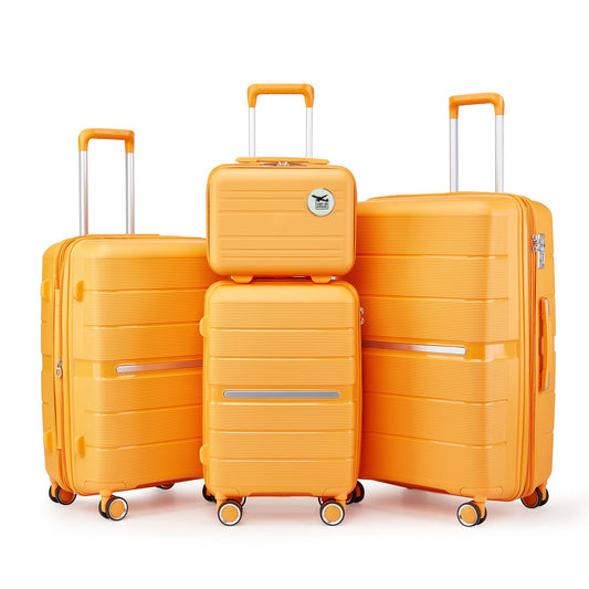 POWANLI 4 Piece Luggage Sets(14"20"24"28"）, PP Hardside Lightweight & Durable suitcase, Expandable, TSA Lock, Spinner Wheels, Airline Approved,(Orange)