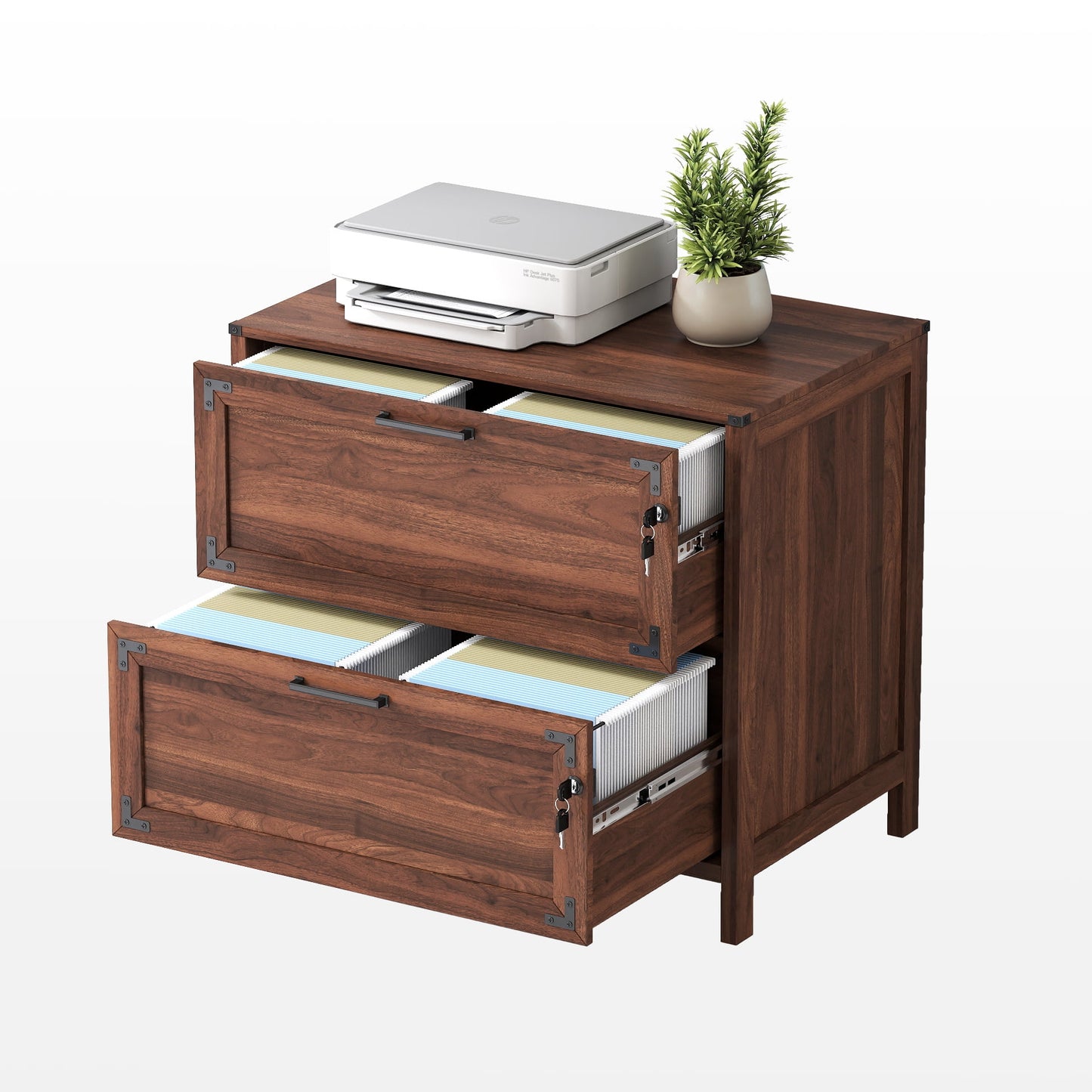 GAKMCIL Rustic 2-Drawer Filing Cabinet with Locks and Keys, Stylish Design, Farmhouse Wood Lateral File Cabinet, Durable Construction for Home Office (Walnut) (31.5L*20"W*28.98"H)
