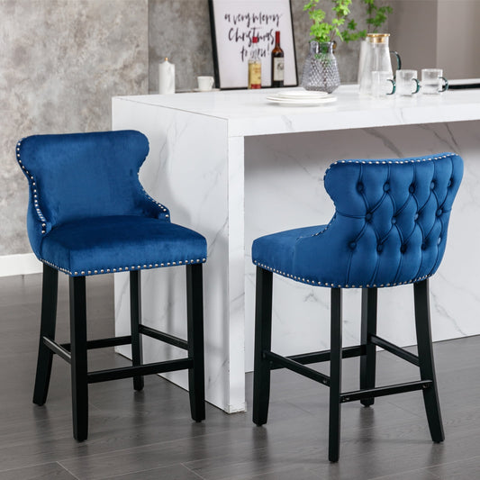 GAKMCIL Velvet Upholstered Wing-Back Barstools, Counter Height Solid Wood Bar Chairs with Button Tufted, Chrome Nailhead Trim, Wooden Legs, 300lb Load for Kitchen, Dining Room, Pub (Set of 2, Blue)