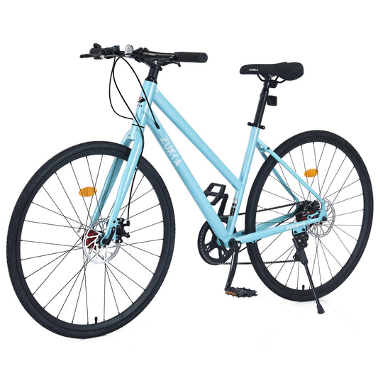 POWANLI 700C Road Bike 7 Speed Hybrid bike Disc Brake For Boys/Girls/Men/Women City City Commuting Bicycle,Fits Riders 5'4" - 6'2",Comfort Saddle,Adults 14+ Years,Gift(Light Blue)