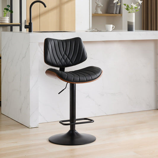 GAKMCIL PU Leather Upholstered Bar Stools, Mid Century Modern Walnut Bentwood Bar Chairs with Adjustable Counter Height, 360° Swivel for Kitchen, Dining Room, Pub, Cafe (1 Chair, Black)