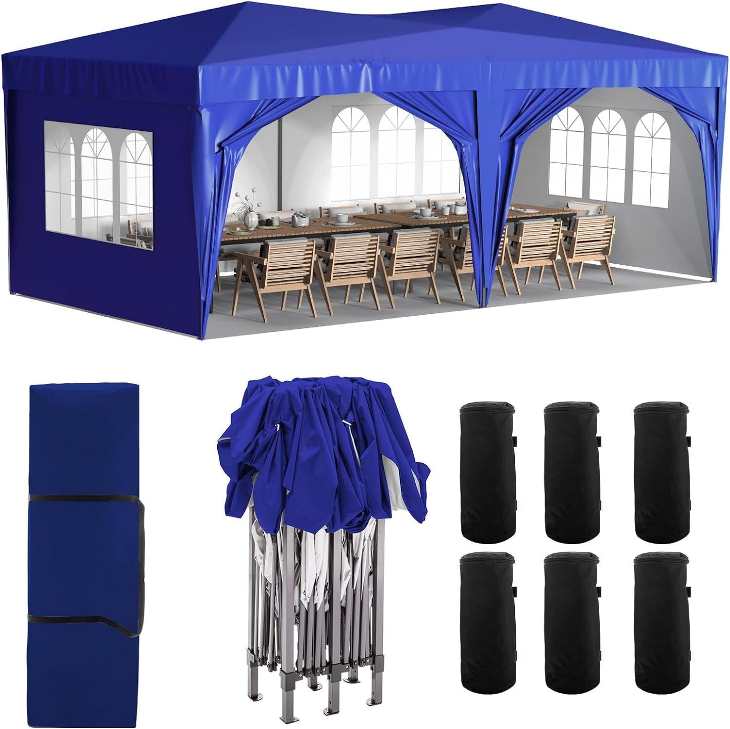 POWANLI 10' x 20' EZ Pop Up Canopy Outdoor Portable Party Folding Tent Gazebo with 6 Removable Sidewalls + Carry Bag + 6pcs Weight Bag Blue