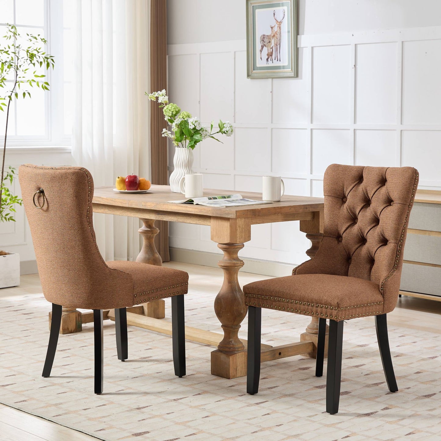 GAKMCIL Fabric Dining Chair (Set of 2), Comfy Tufted Fabric Upholstered Dining Chair with Nailhead Trim, Solid Wood Legs, Weight Capacity 300lb for Dining Room and Kitchen (Coffee)