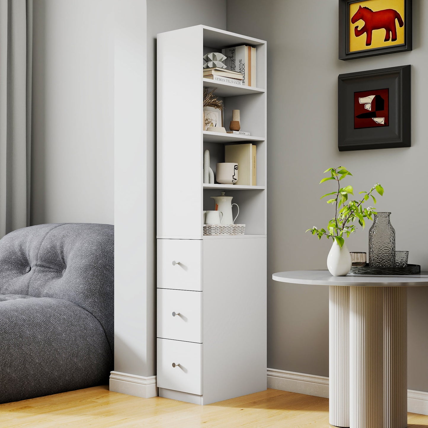 GAKMCIL 70.87" H Display Storage Cabinet,4-Tier Shelf,3 Side Drawers,Tall Bookshelf Bookcase,Storage & Organization for Living Room Home OfficeStudy,Home Decoration (19.69"*11.81"*70.87")(White)