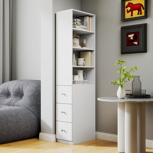 GAKMCIL 70.87" H Display Storage Cabinet,4-Tier Shelf,3 Side Drawers,Tall Bookshelf Bookcase,Storage & Organization for Living Room Home OfficeStudy,Home Decoration (19.69"*11.81"*70.87")(White)