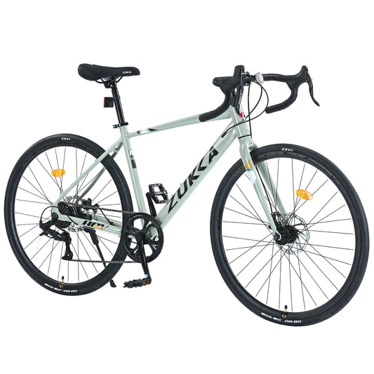 POVANLI 700C Road Bike, 7 Speed Road Bike, Aluminum Alloy Frame, Double Disc Brakes for Men Women, Green (Gift)