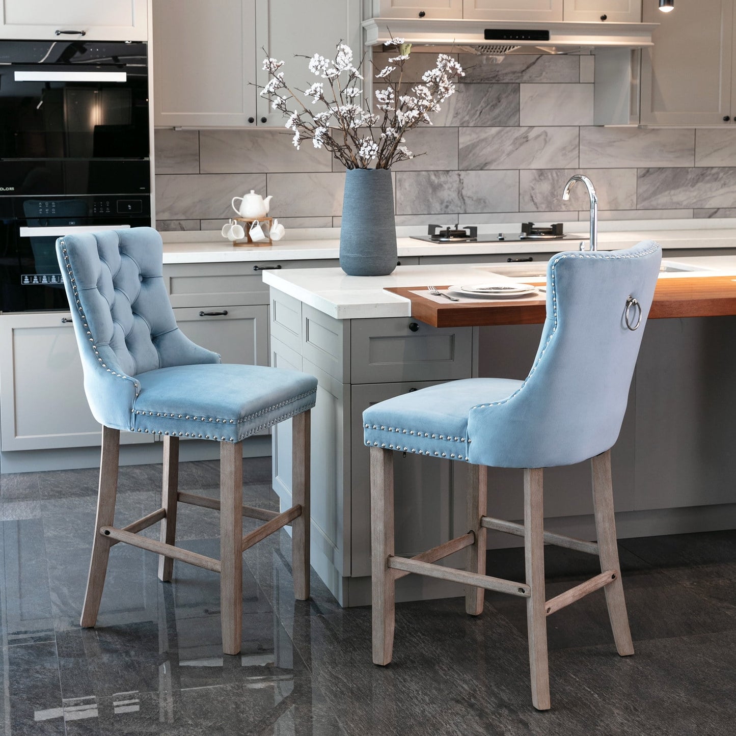 GAKMCIL Velvet Barstools, Leisure Upholstered Height Bar Stools (Set of 2) with Button Tufted Decoration, Wooden Legs, Chrome Nailhead Trim, 300lbs Load for Home Pub and Kitchen Island (Light Blue)