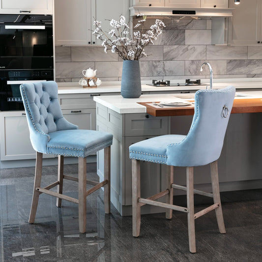 GAKMCIL Velvet Barstools, Leisure Upholstered Height Bar Stools (Set of 2) with Button Tufted Decoration, Wooden Legs, Chrome Nailhead Trim, 300lbs Load for Home Pub and Kitchen Island (Light Blue)