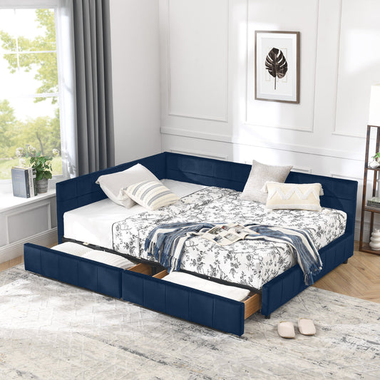GAKMCIL Full Size Upholstered Tufted Bed Frame,Sofa Velvet Bed Frame with Comfortable Backrest and Armrests,Daybed for Bedroom, Living Room Dark Blue(80.5''*59''*29.5'')