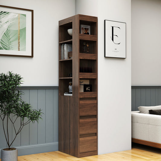GAKMCIL 70.87" H Display Storage Cabinet,4-Tier Shelf,3 Side Drawers & 4 small display shelves,Tall Bookshelf Bookcase for Living Room Home Office,Study,Home Decoration(19.69"*11.81"*70.87")(Walnut)