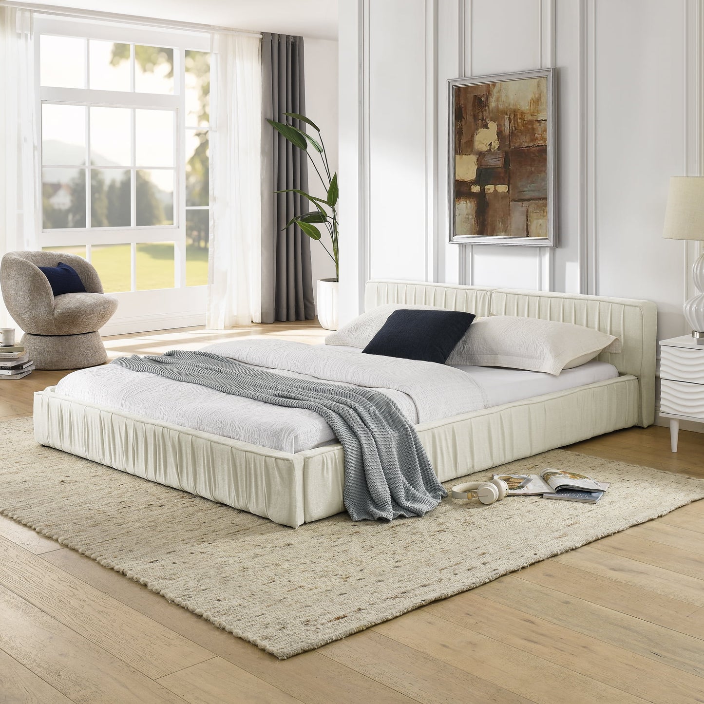 GAKMCIL Queen Size Upholstered Bed Frame with Chenille fabric/Pleated Design,Grounded Queen Size Platform Bed with Headboard and Solid Frame. No Box Spring Needed-Beige(88"*67"*23.5")