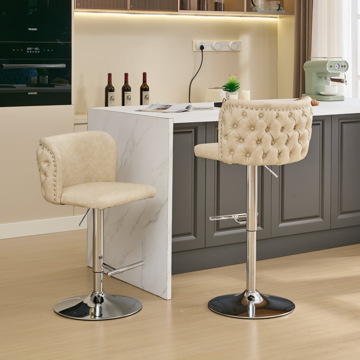 GAKMCIL Modern PU Upholstered Swivel Bar Stools with Adjustable Counter Seat Height, Footrest, Silver Metal Chrome Base, Rivets Trim, 300lbs Load for Home Pub, Kitchen Island (Set of 2, Beige)