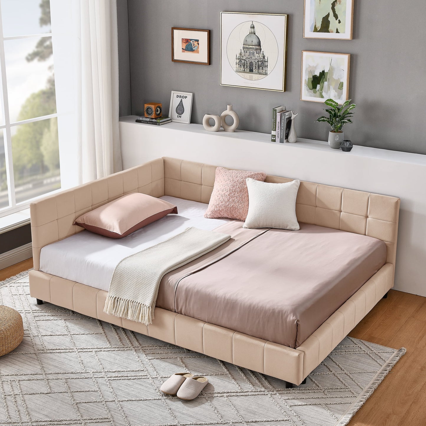 GAKMCIL Full Size Upholstered Tufted Bed Frame, Velvet Fabric, Sofa Bed Frame with Comfortable Backrest and Armrests, Full Size Bed for Bedroom, Living Room, Pink (80.5''*59''*30.5'')