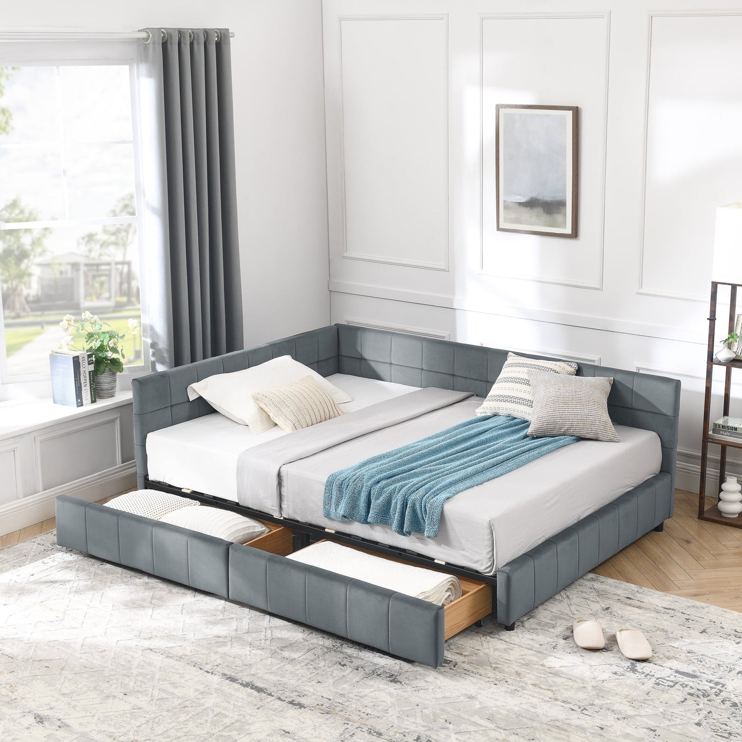 GAKMCIL Full Size Upholstered Tufted Bed Frame,Sofa Velvet Bed Frame with Comfortable Backrest and Armrests,Daybed for Bedroom, Living Room Grey(80.5''*59''*29.5'')