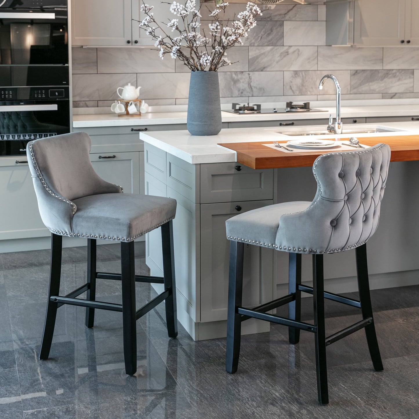 GAKMCIL Velvet Upholstered Wing-Back Barstools, Counter Height Solid Wood Bar Chairs with Button Tufted, Chrome Nailhead Trim, Wooden Legs, 300lb Load for Kitchen, Dining Room, Pub (Set of 2, Gray)