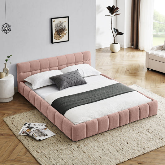 GAKMCIL Modern Queen Size Bed Frame, Chenille Fabric Grounded Queen Size Low Platform Bed with Headboard and Thick Fabric, Easy Assembly, No Box Spring Needed (Pink， 68''*86.5''*23.5'')
