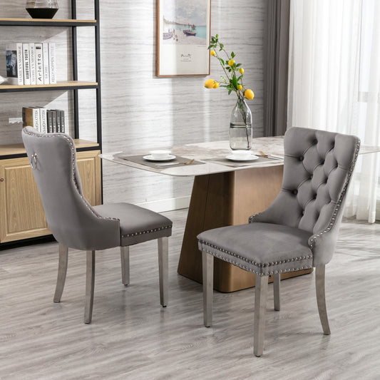 GAKMCIL Velvet Dining Chair, Comfy Tufted Upholstered Dinner Chair with Chrome Stainless Steel Plating Legs, Nailhead Trimfor amd Back Ring, 300lb Load for Dining Room and Kitchen (Set of 2, Gray)