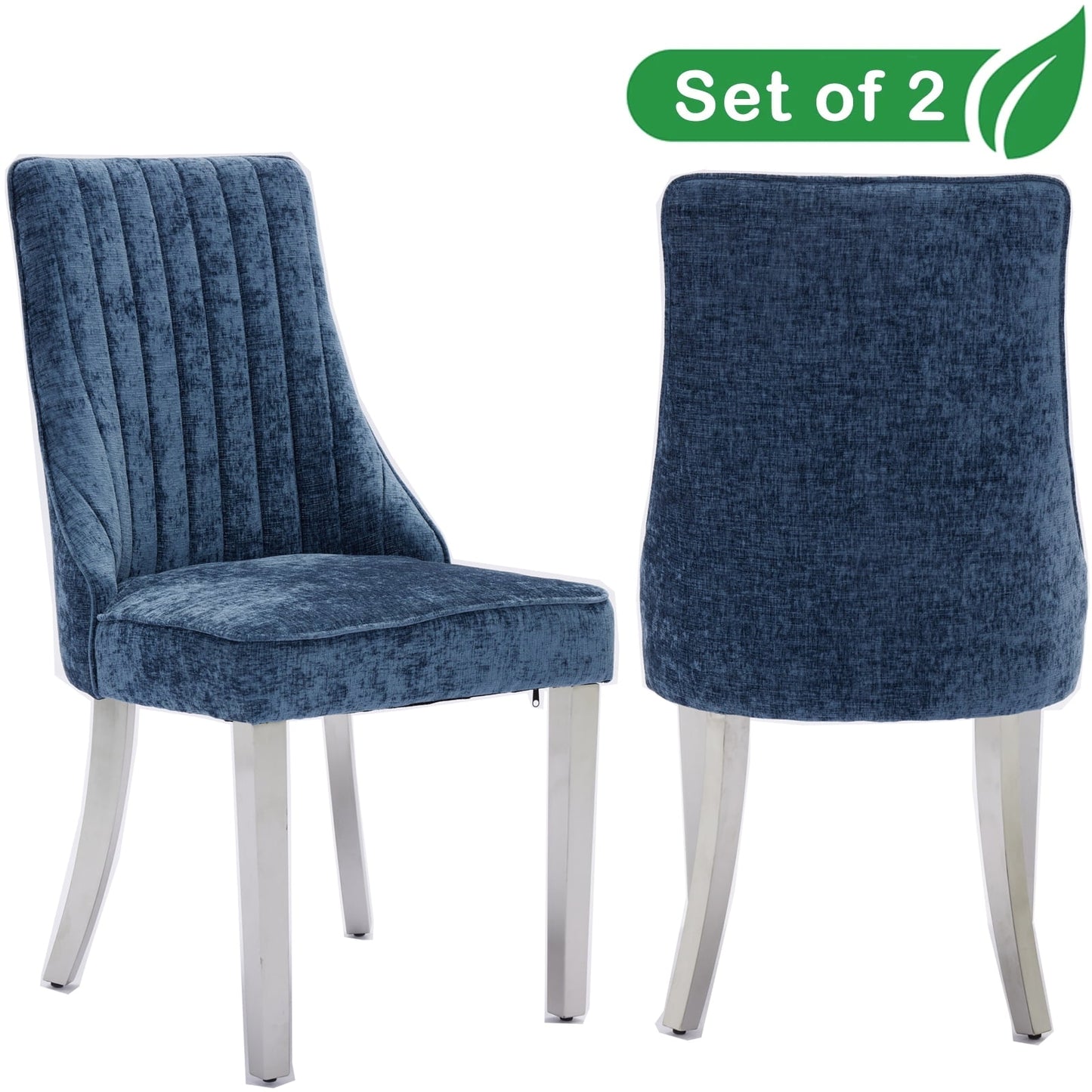GAKMCIL Chenille Dining Chairs (Set of 2), Tufted Kitchen Dinner Chair Comfy Fabric Upholstered Accent Chair for Dining Room with Silver Brushed Stainless Steel Legs, Weight Capacity:300lb (Blue)