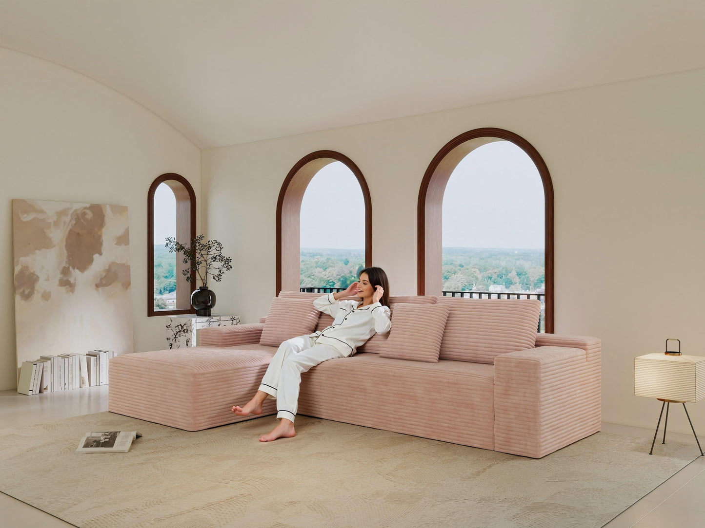 GAKMCIL 104" 4 Seater Cloud Sectional Couch with L-Shape Left Facing Chaise, Modern Comfy Modular Plush Corduroy Sofa, Upholstered Deep Seat Sofa for Living Room Bedroom (No Assembly Required) (Pink)