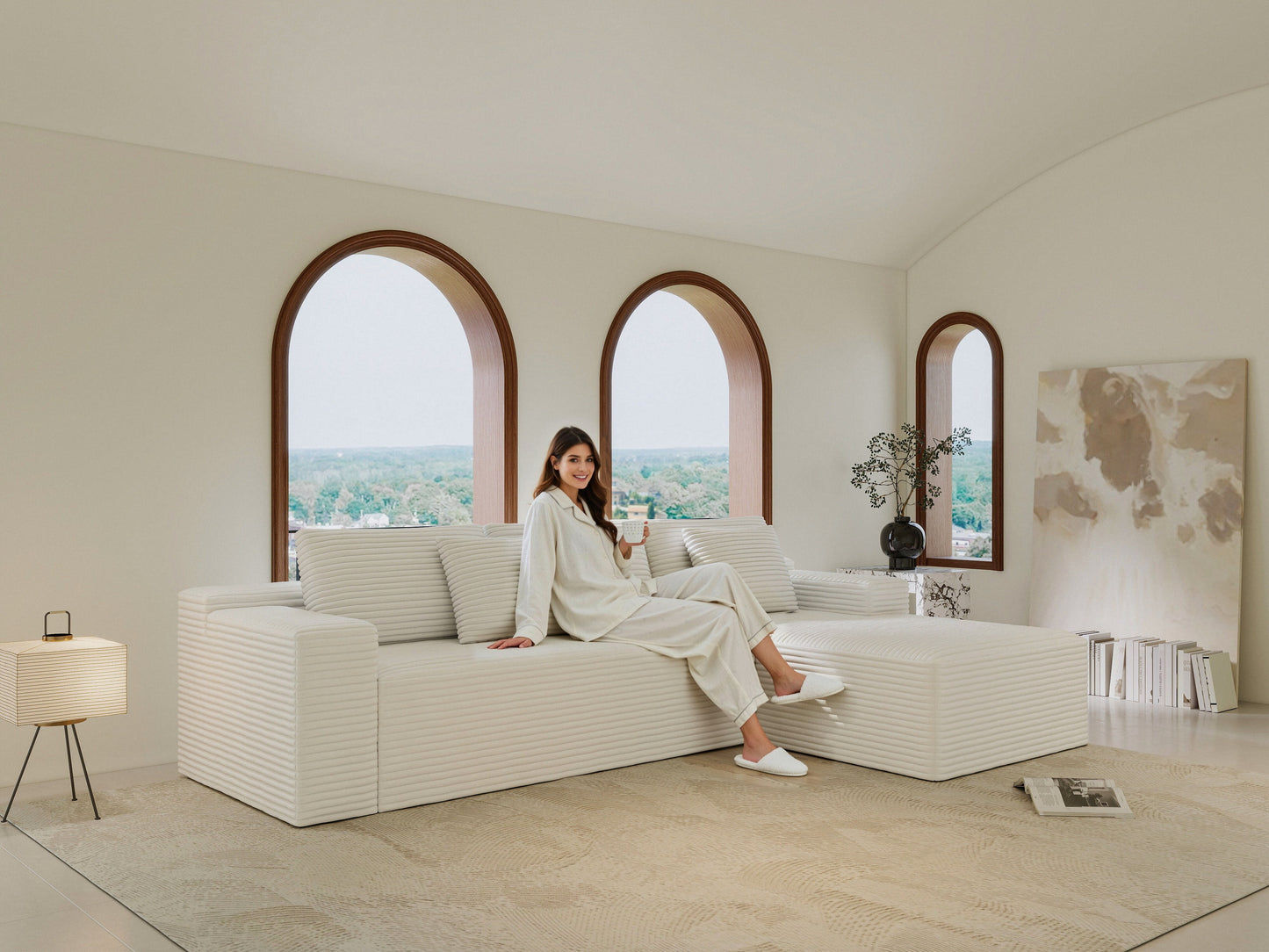 GAKMCIL 104" 4 Seater Cloud Sectional Couch with L-Shape Right Facing Chaise, Comfy Modular Plush Corduroy Sofa, Upholstered Deep Seat Sofa for Living Room Bedroom (No Assembly Required) (White)