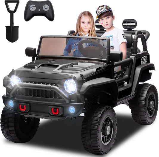 POVANLI 24V 2 Seater Ride on Toys for Kids, Electric Truck w/Remote Control, 20.28" Wide Seat, 2x200W Motor, 5 Mph Max Speed, Bluetooth, MP3, Belts, Lights, Power Car Wheels for Boys and Girls,Black