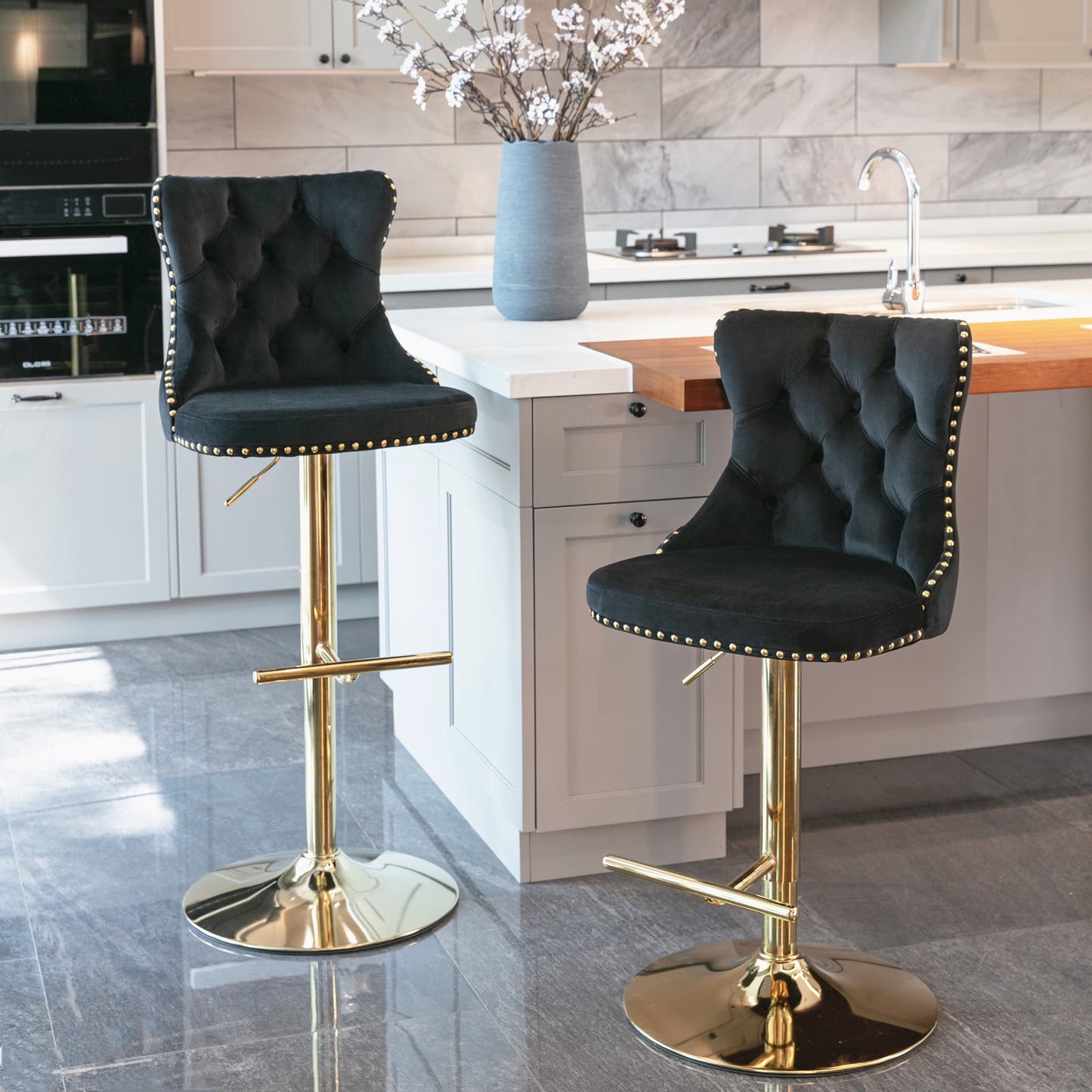 GAKMCIL Swivel Velvet Upholstered Barstools with 25-33in Adjustatble Seat Height, 360°Swivel, Footrest, Golden Chrome base, Comfy Tufted, 300lb Load for Home Pub, Kitchen Island (Set of 2, Black)