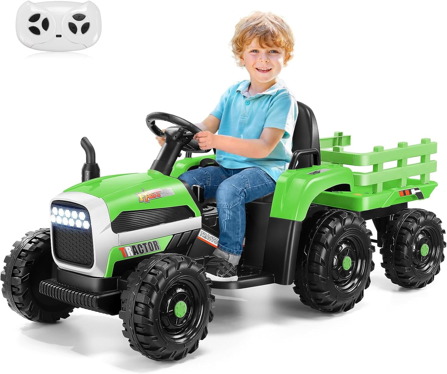 POWANLI 12V Kids Ride On Tractor with Trailer, Battery Powered Electric Car w/ Music, USB, Music, LED Lights, Vehicle Toy for 3 to 6 Ages, Light Green