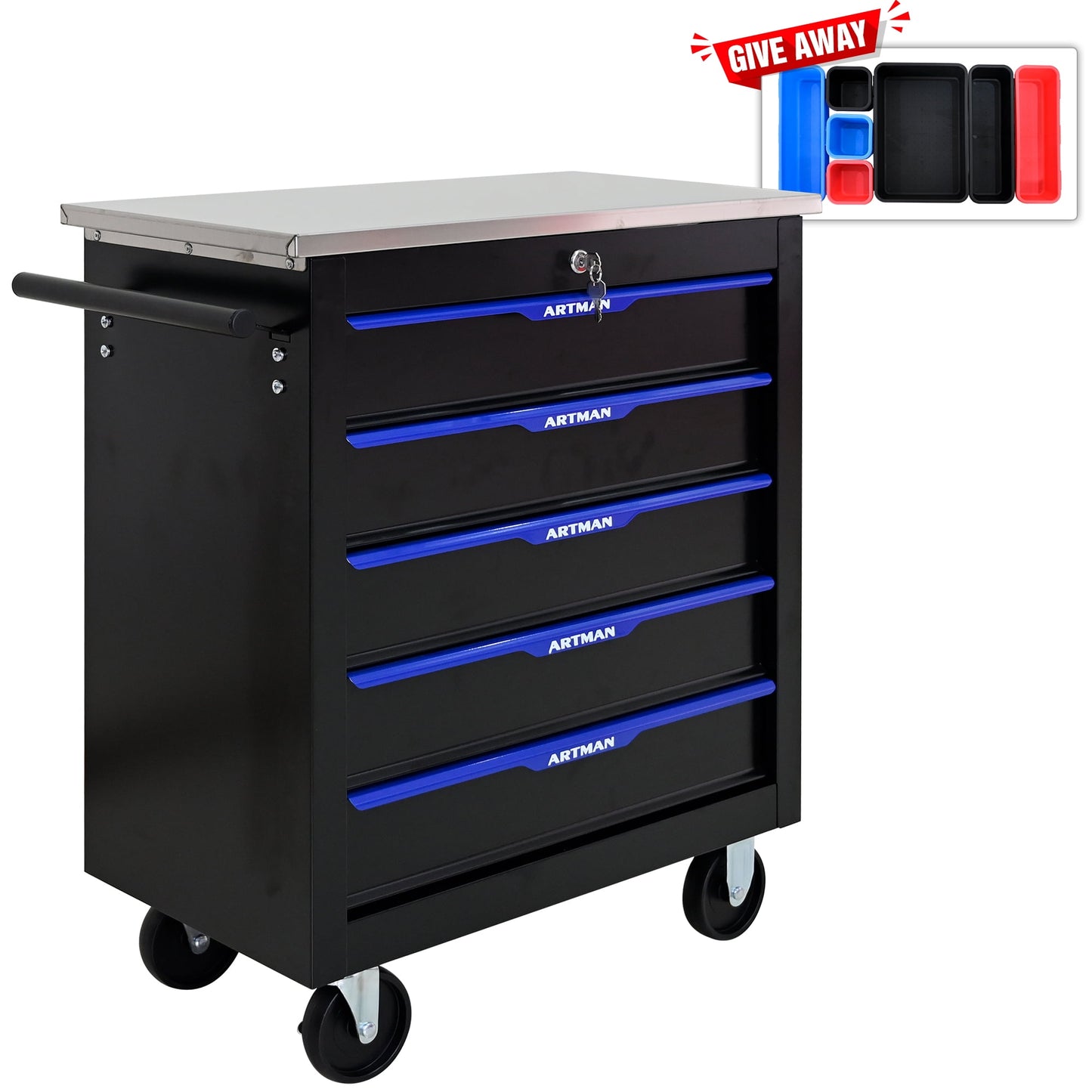 POWANLI 5 Drawers Multifunctional Tool Cart with wheels, with Key Locking and 4 Toolbox On Wheels, Metal, Suitable for Garages, Warehouses, Workshops, Repair Shops(Black+Blue)