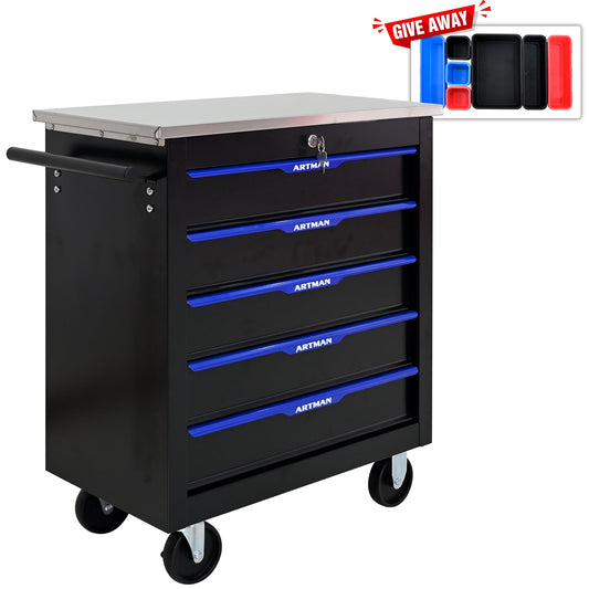 POVANLI 5 Drawers Multifunctional Tool Cart with wheels, with Key Locking and 4 Toolbox On Wheels, Metal, Suitable for Garages, Warehouses, Workshops, Repair Shops(Black+Blue)