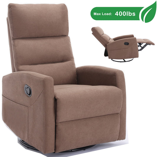 GAKMCIL 360 degree Swivel Manual Recliner Rocking Chair in Fabric with Rocker and Side Pocke, Maximum inclination 155 degrees, Max load 400lb for Living Room, Bedroom, Home Theater, Gift (Browne)