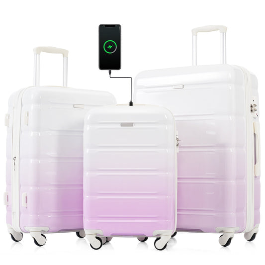 POWANLI 3Pcs Luggage Set, 20" Suitcase with USB Port,Carry-on Luggage with Cup Holder, ABS+PC Hard Shell Luggage with Spinner Wheels Purple