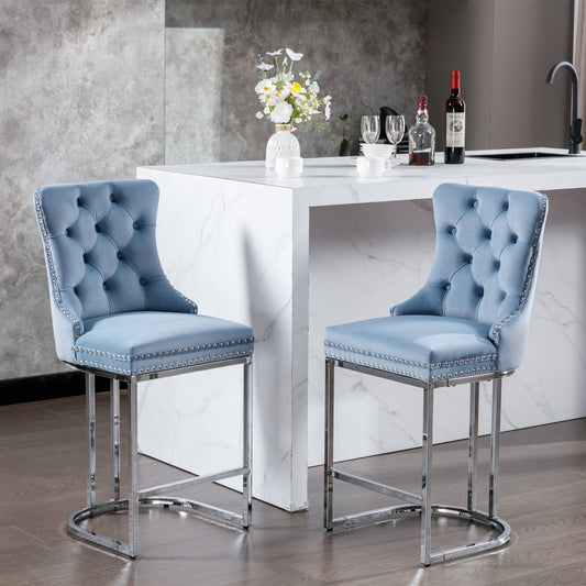 GAKMCIL 25" Modern Velvet Upholstered Barstools,Wingback Bar Chairs with Button Back,Rivet Trim and Chromed Metal Base Legs,350lb Load for Home Pub,Kitchen Island,Farmhouse(Set of 2,Light Blue)