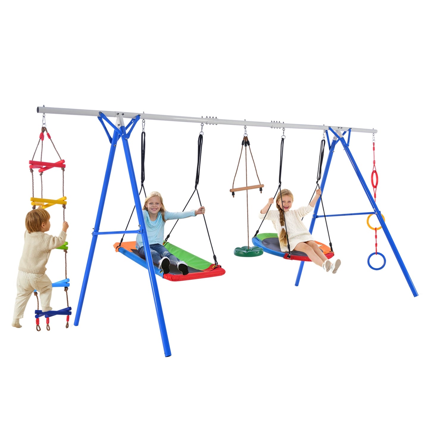 POWANLI Swing Sets for Backyard 460 lbs - 5 in 1 Multifunction Kids Swing Set with Steel Frame, Multifunction Playsets for Kids with Climbing Ladder, Saucer Swing, Monkey Bar Swing