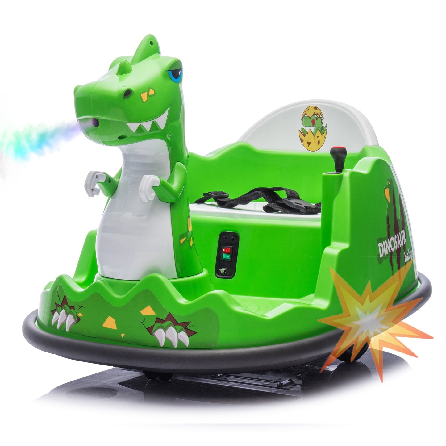 CAMSCH 12V Kids Ride On Electric Dinosaur Bumper Car W/Parents Control,Slow Start,3 Speeds,2WD,Colorful Mist Spray,360°Spin,Safety Anti-Collision Strip,Music,LED Lights for Yr 2-5,Gift(Green)