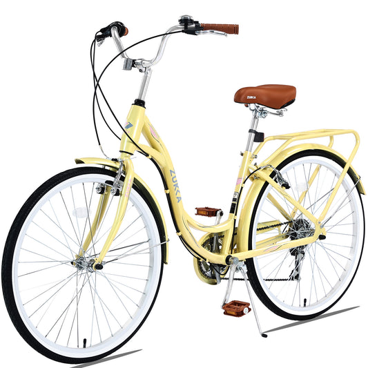 POVANLI 24" Lady Bike with 7 Speed Adjustment,Steel Frame Ladies Bicycle for 10+Years Old Yellow